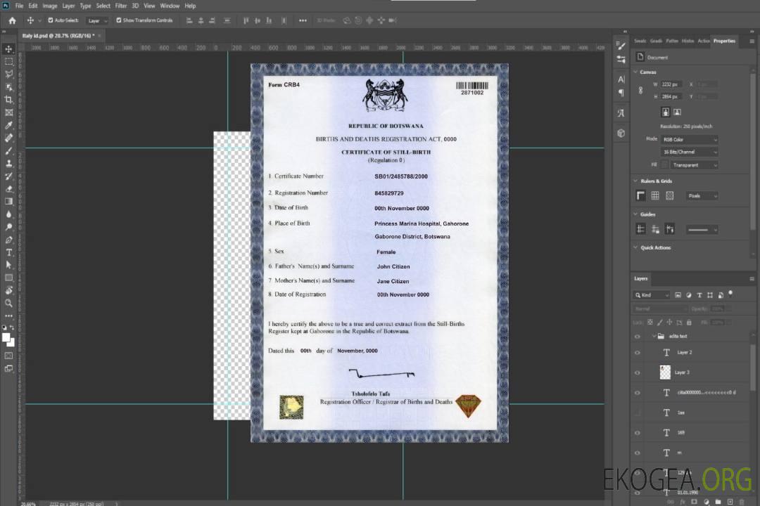 Modèle d'acte de naissance du Botswana au format PSD template
